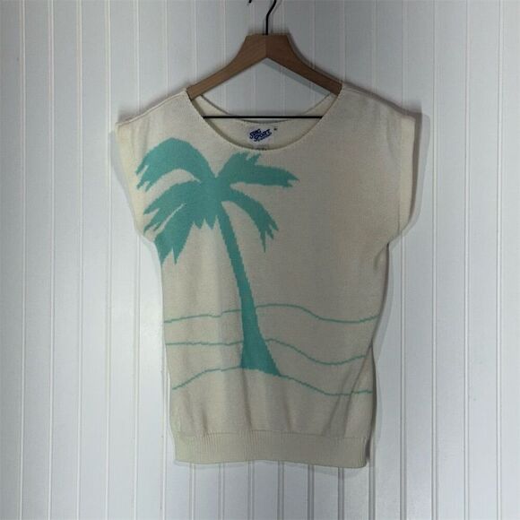 VTG 80s Stag Sport Palm Tree Sweater Vest White Aqua Beach Knit Tank Top S - Picture 1 of 8